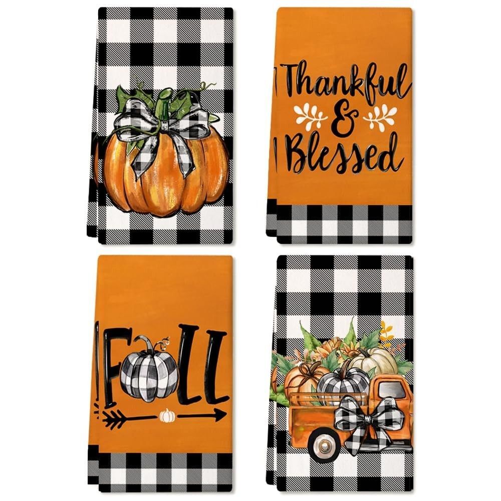 Fall Pumpkin Kitchen Towels Set of 4 - Buffalo Plaid Decor for Autumn Home